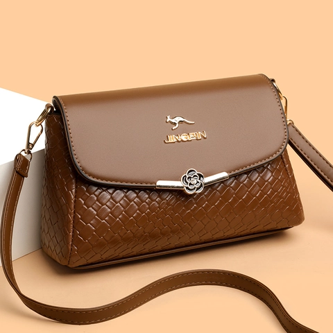 Damen Umhängetasche PU Leder Gewebtes Muster Blumenverschluss Elegante Schultertasche Große Kapazität Mode Handtasche