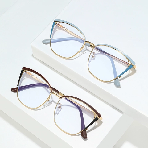 Montura De Gafas Ojo De Gato De Moda Para Mujer Aleación De Metal Anti-Luz Azul Bloque De Color Vintage Elegante