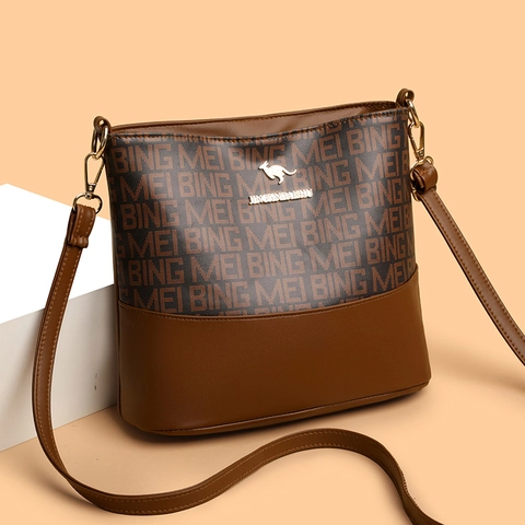 Borsa A Secchiello Retrò Da Donna Pelle PU Stampa Di Lettere Colore A Contrasto Borsa A Tracolla Stile Vintage Grande Capacità