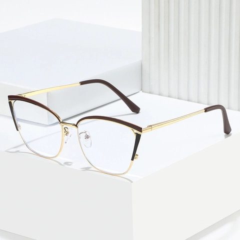 Montura De Gafas Ojo De Gato De Moda Para Mujer Aleación De Metal Anti-Luz Azul Bloque De Color Vintage Elegante
