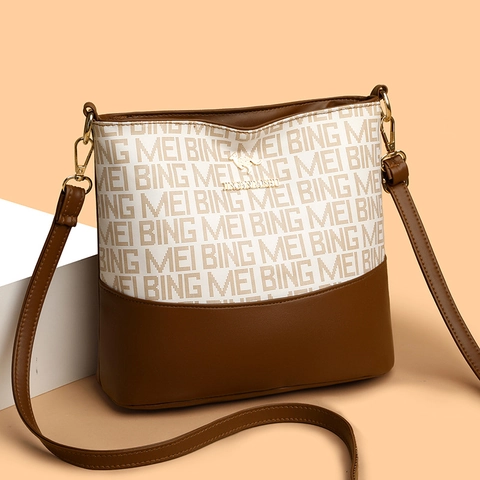 Borsa A Secchiello Retrò Da Donna Pelle PU Stampa Di Lettere Colore A Contrasto Borsa A Tracolla Stile Vintage Grande Capacità