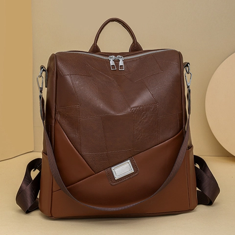 Minimalistische Geometrische Patchwork PU Leren Rugzak Dames Grote Capaciteit Vintage Urban Commute Multi Way Tas