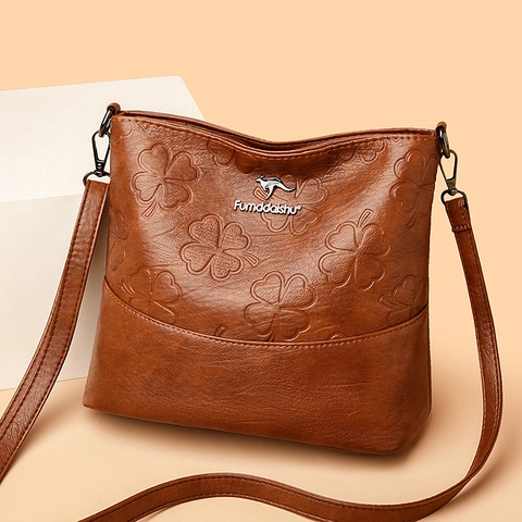 Women Embossed PU Leather Crossbody Bag Large Capacity Four Leaf Clover Pattern Shoulder Bucket Bag Casual Ladies Fashion