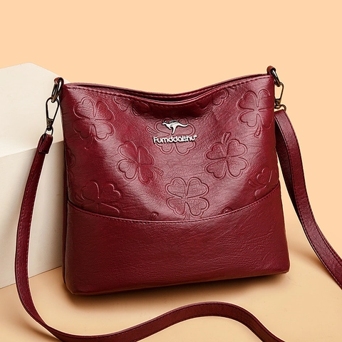 Women Embossed PU Leather Crossbody Bag Large Capacity Four Leaf Clover Pattern Shoulder Bucket Bag Casual Ladies Fashion