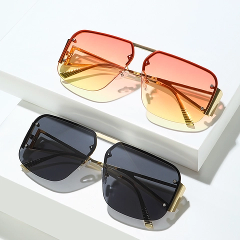 Lunettes De Soleil Carrées Surdimensionnées Monture Métal Verres Dégradés UV400 Aviateur Rétro Branches Ajourées Unisexe