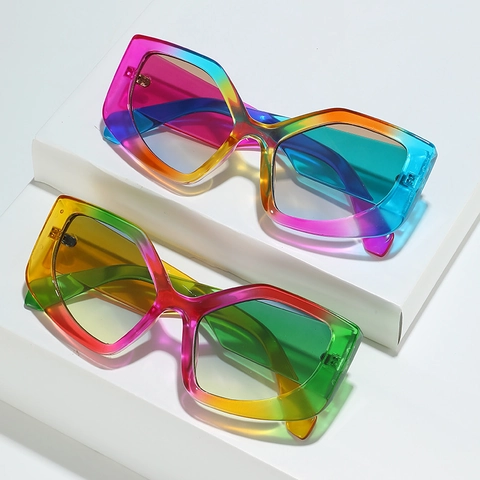 Occhiali Da Sole Occhio Di Gatto Esagono Geometrico Montatura PC Protezione UV400 Sfumatura Arcobaleno Moda Hip Hop Tendenza