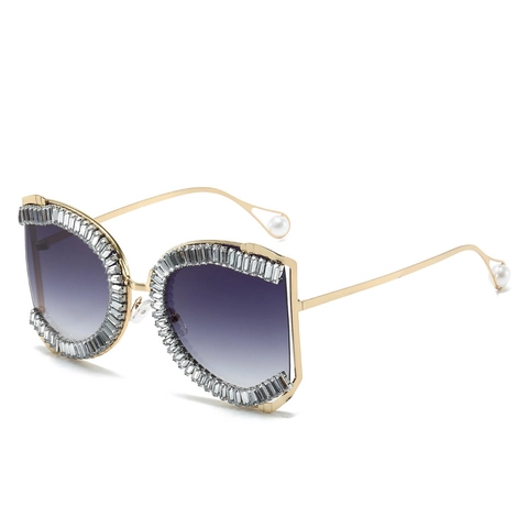 Luxury Oversized Irregular Rhinestone Sunglasses For Women Metal Frame Pearl Temple UV400 Gradient Lens Fashion Decorative Glasses