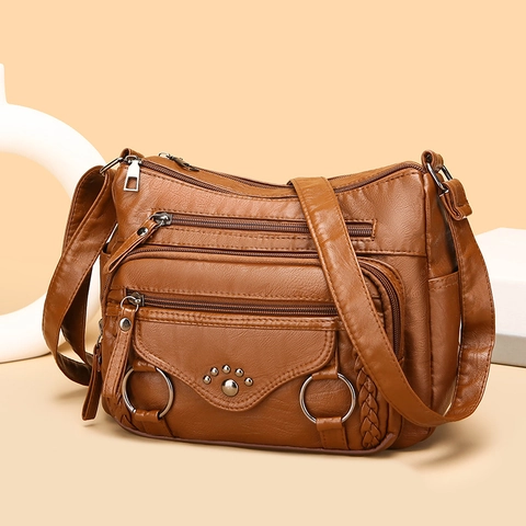 Borsa A Tracolla Donna Multi Tasche Morbida Pelle PU Trama Litchi Borsa A Mano Retrò Versatile Tracolla Regolabile