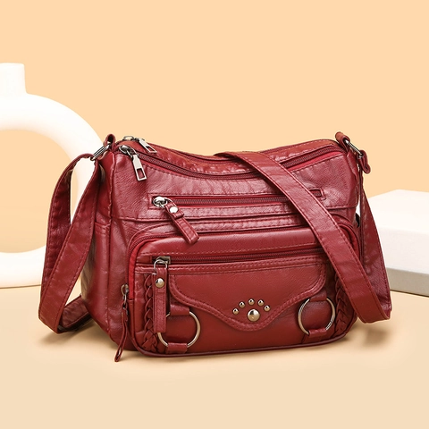 Borsa A Tracolla Donna Multi Tasche Morbida Pelle PU Trama Litchi Borsa A Mano Retrò Versatile Tracolla Regolabile