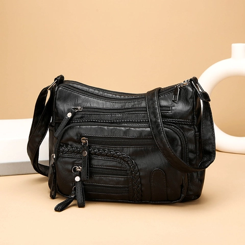 Damen Weiches PU Leder Umhängetasche Mehrere Taschen Große Kapazität Umhängetasche Gewebtes Detail Verstellbarer Gurt Lässig