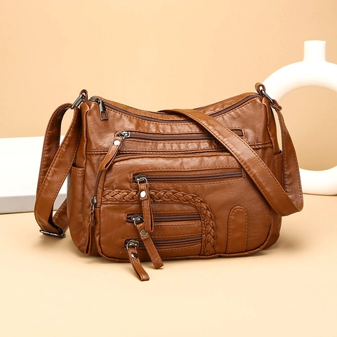 Damen Weiches PU Leder Umhängetasche Mehrere Taschen Große Kapazität Umhängetasche Gewebtes Detail Verstellbarer Gurt Lässig