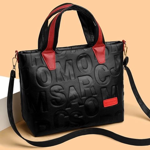 Bolso Tote Para Mujer Gran Capacidad Cuero PU Letra Grabada De Moda Color En Contraste Bolso De Mano Diario