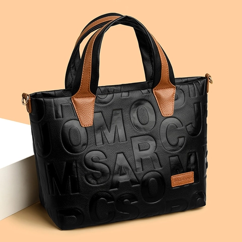 Bolso Tote Para Mujer Gran Capacidad Cuero PU Letra Grabada De Moda Color En Contraste Bolso De Mano Diario