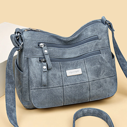 Sac Bandoulière Femme Cuir PU Lavé Multi Poches Fermeture Éclair Vintage Sac À Épaule Décontracté Grande Capacité