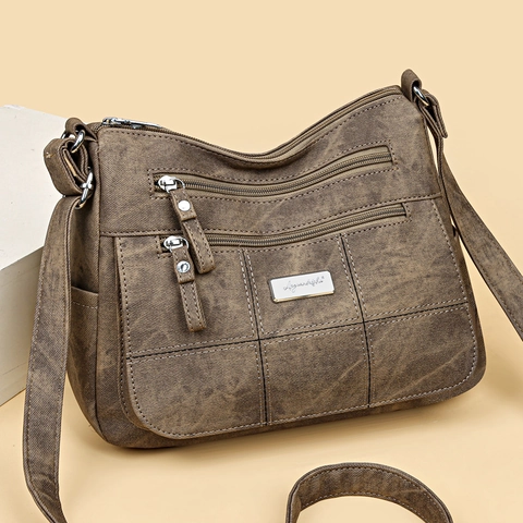 Sac Bandoulière Femme Cuir PU Lavé Multi Poches Fermeture Éclair Vintage Sac À Épaule Décontracté Grande Capacité