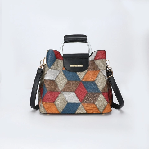 Dames PU Leren Crossbodytas Color Block Geometrisch Patroon Multi Compartiment Handtas Met Metalen Handvat Retro