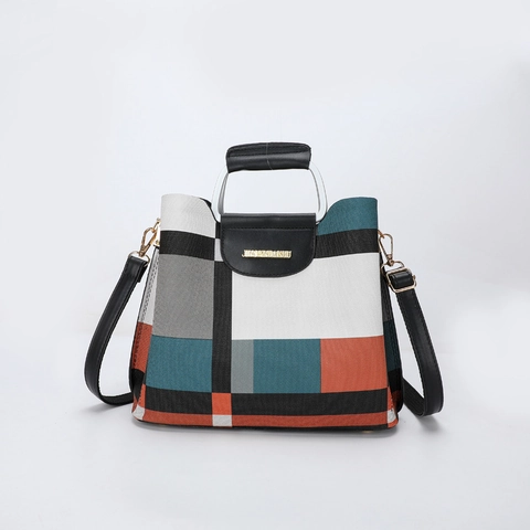 Dames PU Leren Crossbodytas Color Block Geometrisch Patroon Multi Compartiment Handtas Met Metalen Handvat Retro