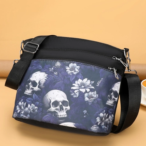 Sac À Bandoulière Femme Imprimé Crâne Floral Tissu Oxford Gothique Punk Multi Couches Réglable Sac À Épaule