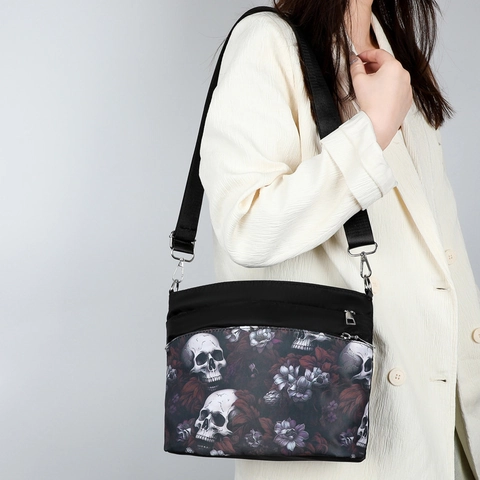 Sac À Bandoulière Femme Imprimé Crâne Floral Tissu Oxford Gothique Punk Multi Couches Réglable Sac À Épaule