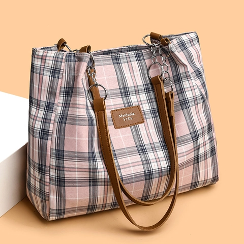 Bolso Tote A Cuadros Para Mujer Gran Capacidad Lona Bolso De Hombro Con Cadena De Metal Retro Casual Trabajo