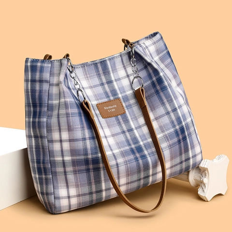 Bolso Tote A Cuadros Para Mujer Gran Capacidad Lona Bolso De Hombro Con Cadena De Metal Retro Casual Trabajo