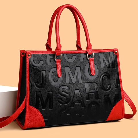 Damen Tote Bag PU Leder Litschimaserung Geprägtes Buchstaben Design Vintage Pendler Handtasche Mit Schultergurt