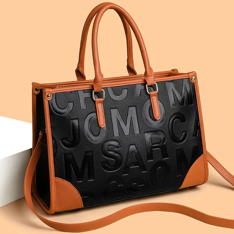 Damen Tote Bag PU Leder Litschimaserung Geprägtes Buchstaben Design Vintage Pendler Handtasche Mit Schultergurt