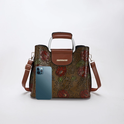 Bolso Tote De Mujer Cuero PU Retro Relieve Peonía 3D Bolso De Mano Con Asa Metálica Correa De Hombro Desmontable Vintage