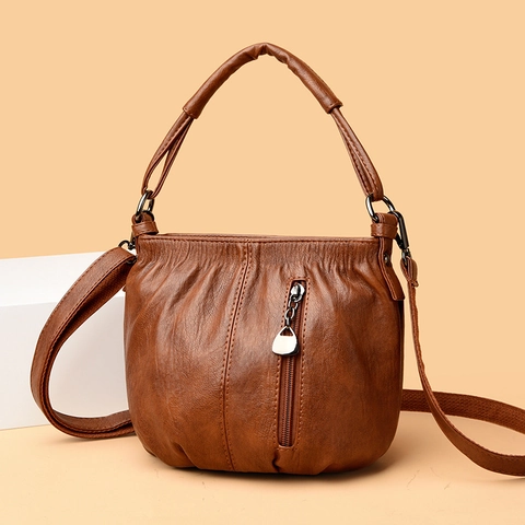 Women Soft PU Leather Bucket Bag Ruched Pleated Crossbody Shoulder Handbag Casual Retro Vintage Multi Compartment Bag
