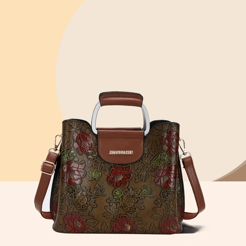 Bolso Tote De Mujer Cuero PU Retro Relieve Peonía 3D Bolso De Mano Con Asa Metálica Correa De Hombro Desmontable Vintage