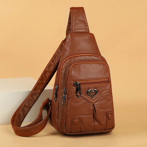 Vintage Soft PU Leather Chest Bag For Women Heart Shaped Metal Buckle Multi Pocket Large Capacity Crossbody Sling Bag Trendy