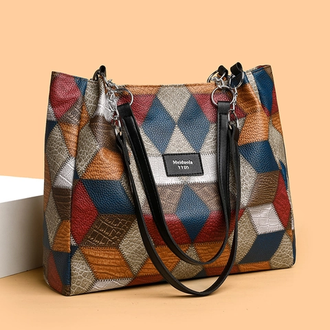 Borsa Tote Patchwork Da Donna Grande Capacità Pelle PU Testurizzata Borsa A Mano Motivo Geometrico Borsa A Spalla Trendy
