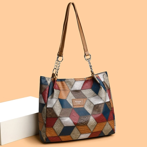 Borsa Tote Patchwork Da Donna Grande Capacità Pelle PU Testurizzata Borsa A Mano Motivo Geometrico Borsa A Spalla Trendy