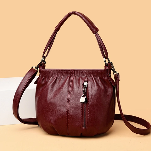 Women Soft PU Leather Bucket Bag Ruched Pleated Crossbody Shoulder Handbag Casual Retro Vintage Multi Compartment Bag
