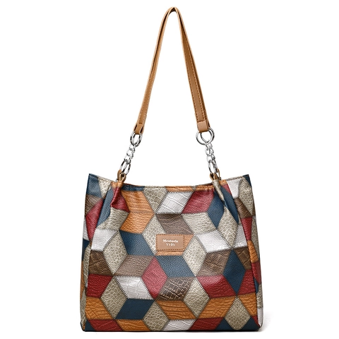 Bolso Tote Geométrico Color Block Gran Capacidad Cuero PU Patchwork Bolso De Hombro Estilo Retro Casual Para Mujeres