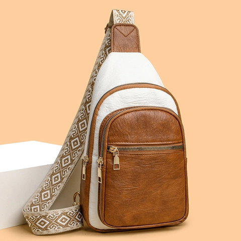 Borsa Da Petto Donna Retrò Colore A Contrasto Pelle PU Trama Litchi Tasche Multiple Con Cerniera Tracolla Etnica Larga