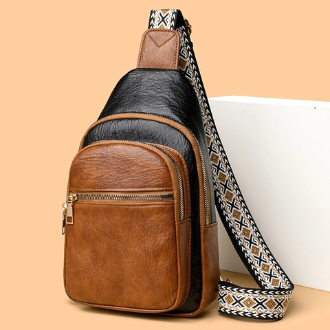 Borsa Da Petto Donna Retrò Colore A Contrasto Pelle PU Trama Litchi Tasche Multiple Con Cerniera Tracolla Etnica Larga
