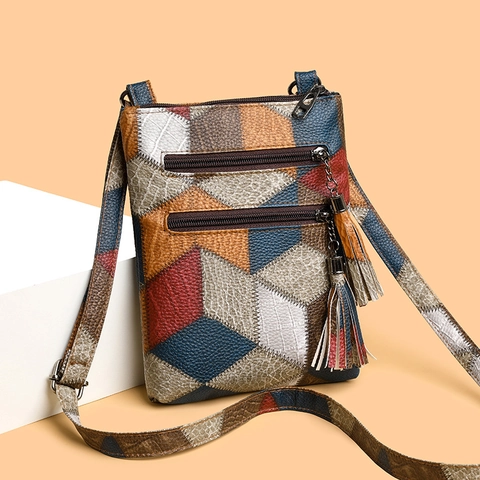Borsa A Tracolla Vintage In Pelle PU Patchwork Per Donna Tasca Porta Cellulare Multipla Con Nappa Borsa Spalla Retrò