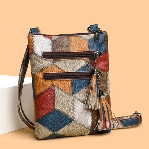 Borsa A Tracolla Vintage In Pelle PU Patchwork Per Donna Tasca Porta Cellulare Multipla Con Nappa Borsa Spalla Retrò