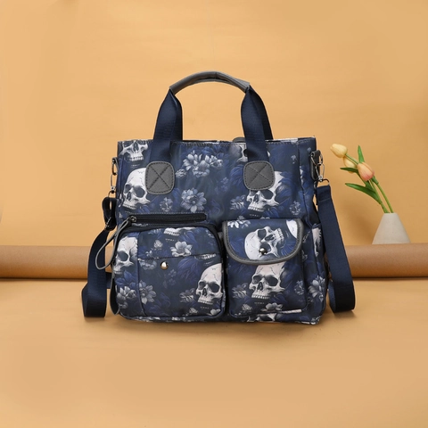 Handtas Met Grote Capaciteit Oxford Stof Schedel Bloemenprint Multi-Pocket Schoudertas Voor Dames Gothic Street Style