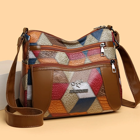 Bolso De Hombro De Cuero PU De Retazos Retro Cremallera Multicapa Gran Capacidad Bolso Cruzado Para Mujer Mamá
