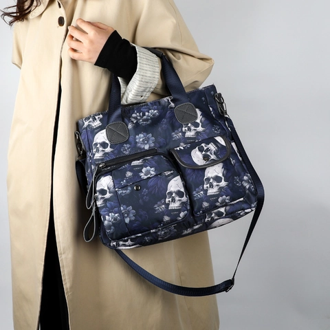 Handtas Met Grote Capaciteit Oxford Stof Schedel Bloemenprint Multi-Pocket Schoudertas Voor Dames Gothic Street Style