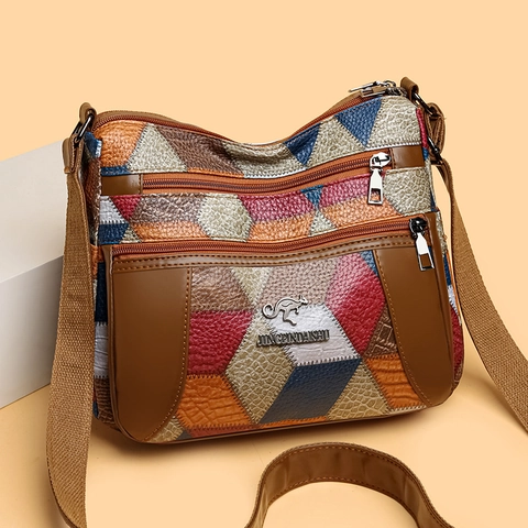 Bolso De Hombro De Cuero PU De Retazos Retro Cremallera Multicapa Gran Capacidad Bolso Cruzado Para Mujer Mamá