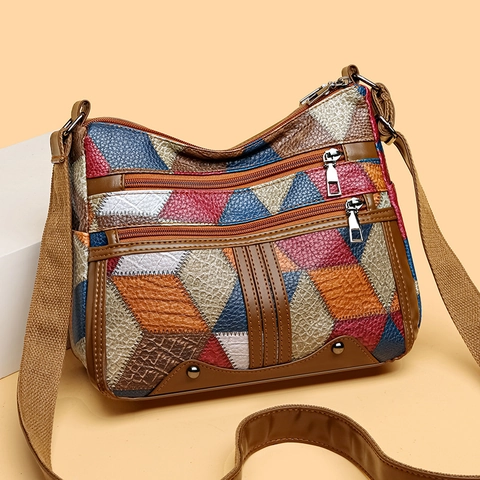 Borsa A Spalla Patchwork Retro Pelle PU Tasche Multiple Grande Capacità Tracolla Vintage Donna Mano