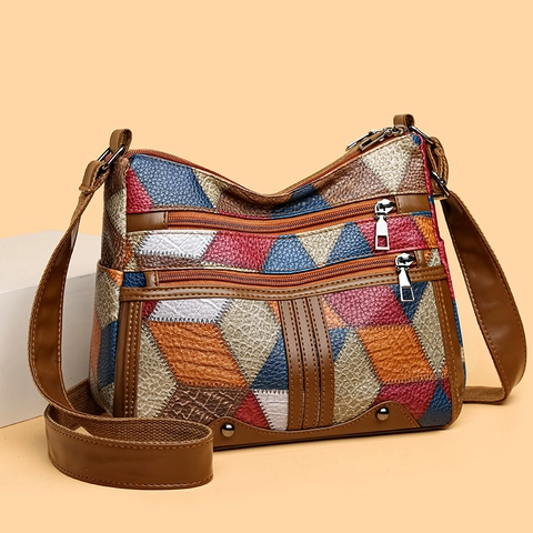 Borsa A Spalla Patchwork Retro Pelle PU Tasche Multiple Grande Capacità Tracolla Vintage Donna Mano