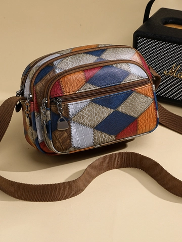 Borsa Tracolla Patchwork Retrò Pelle PU Multi Tasche Cerniera Borsa A Spalla Donna Con Tracolla Regolabile