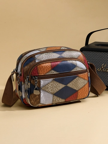 Borsa Tracolla Patchwork Retrò Pelle PU Multi Tasche Cerniera Borsa A Spalla Donna Con Tracolla Regolabile