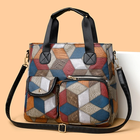 Women Handbag PU Leather Multicolor Geometric Cube Patchwork Large Capacity Multi Pocket Crossbody Shoulder Bag Retro