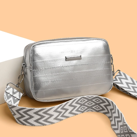 Women Metallic PU Leather Crossbody Bag Quilted Camera Purse With Adjustable Wide Geometric Pattern Woven Strap
