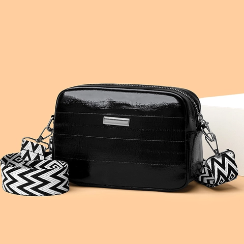 Women Metallic PU Leather Crossbody Bag Quilted Camera Purse With Adjustable Wide Geometric Pattern Woven Strap